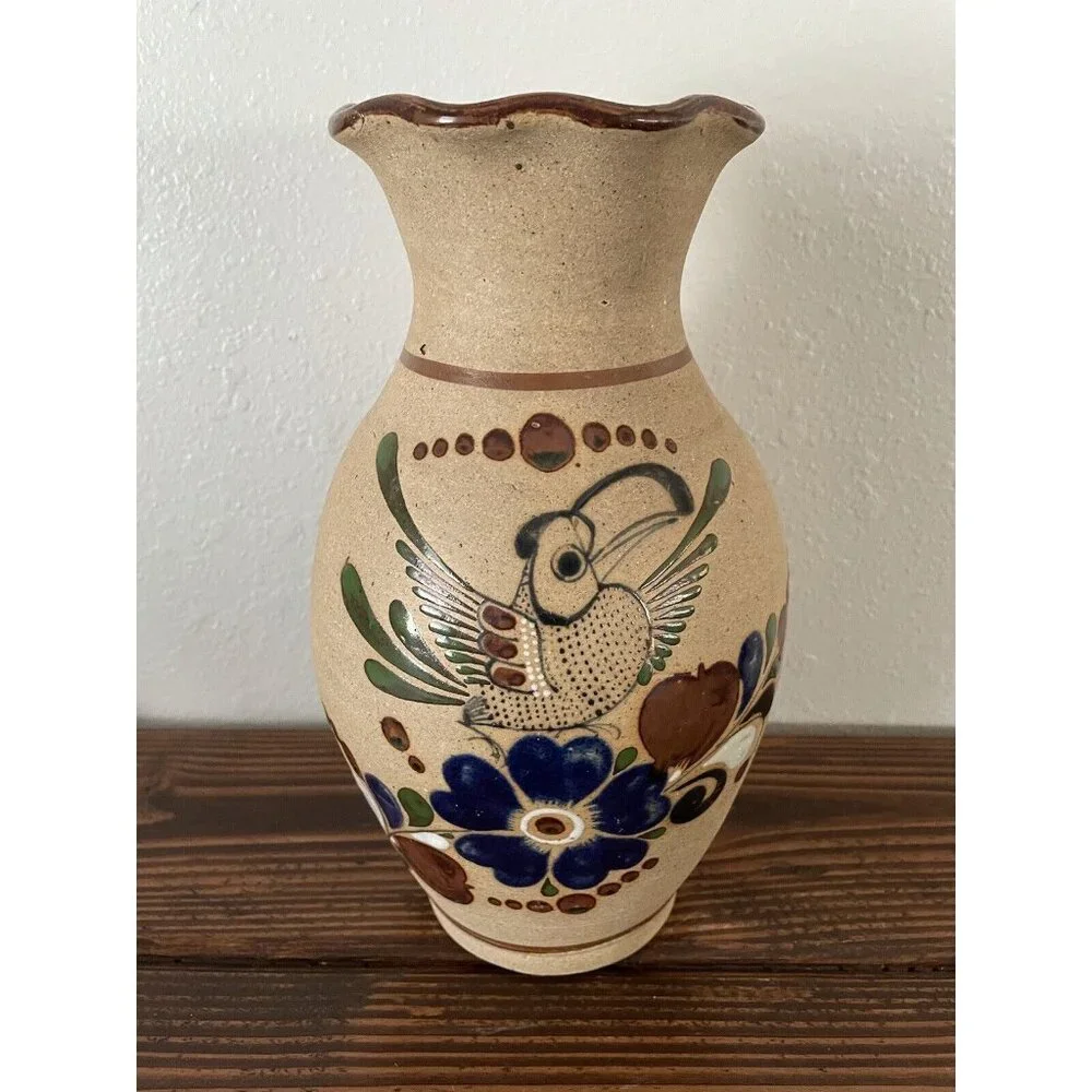 Mexican Tonala Pottery Bird Toucan Floral Vase, 11”